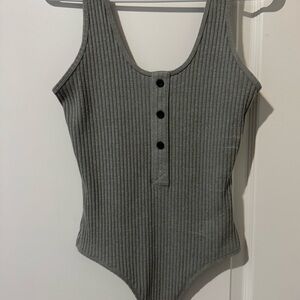 Express Gray Ribbed Bodysuit with Button Detail